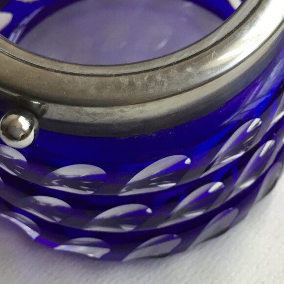 Cobalt Blue Cut to Clear Glass Flashed Geometric Pattern Hinged Marmalade Jar - Picture 11 of 12